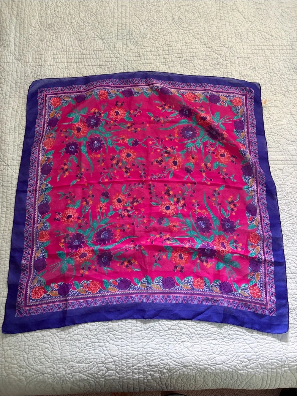 Vintage Pink Floral Silk Scarf with Purple Border